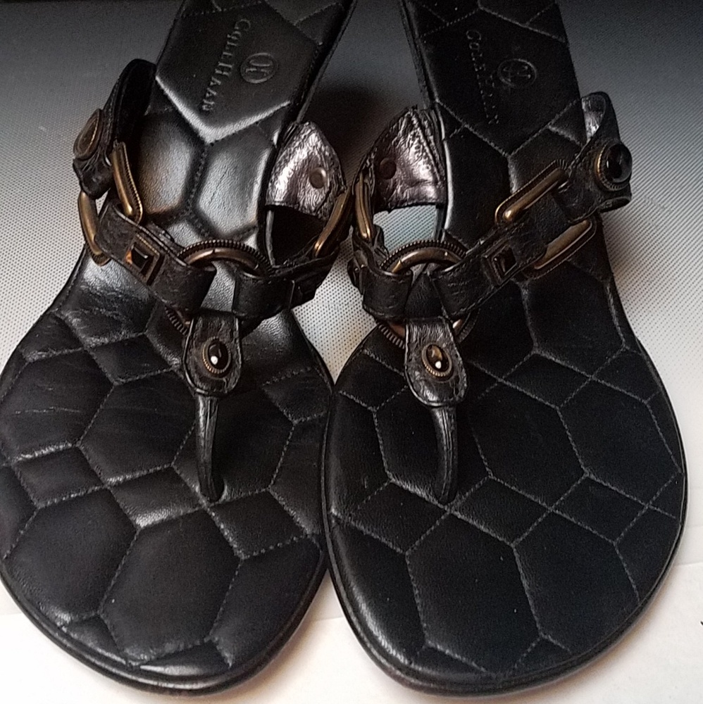 Cole Haan blk  wedge bronze gold medal sandals 9.5